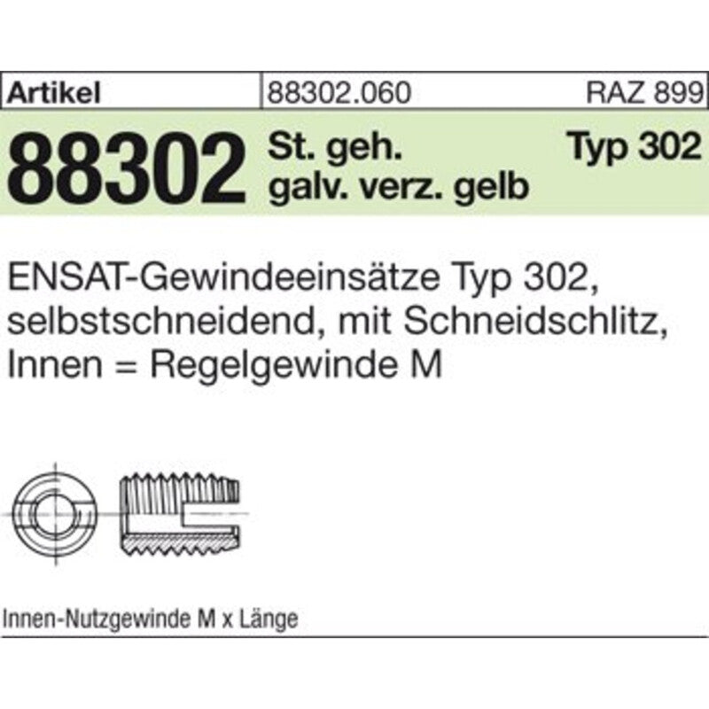 Gewindeeinsatz ENSAT Gewindebuchse Stahl Typ 302 M16x22 galv verzinkt 10 Stück - 4043952673119