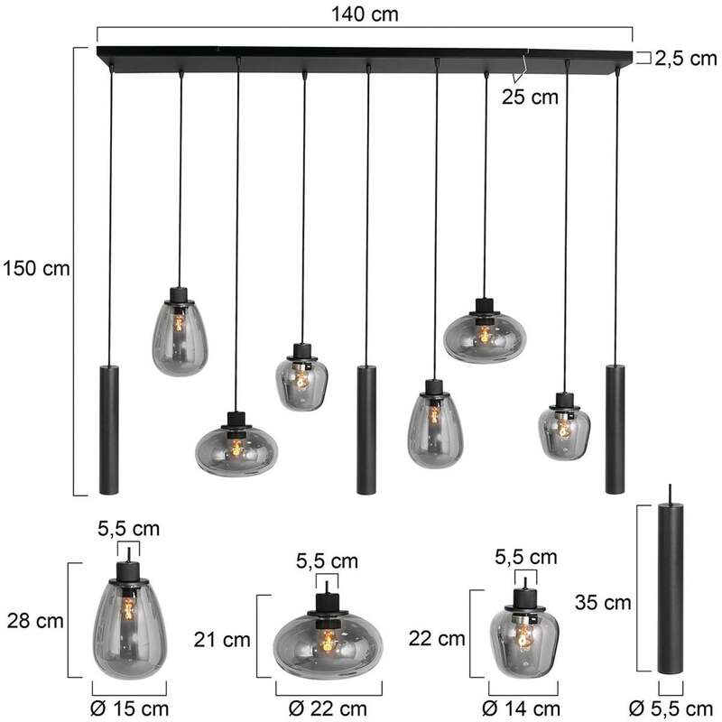 Hängeleuchte Reflexion 9-flammig schwarz Metall Glas Steinhauer 2700K Dimmbar - 8712746172959