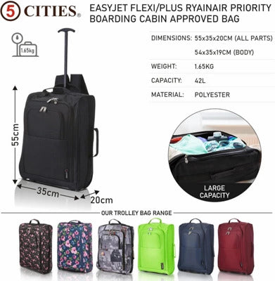 5 Cities Rucksack Trolley Tasche Handgepäck Reisetasche schwarz V2 55 cm 41L - 5038230109342