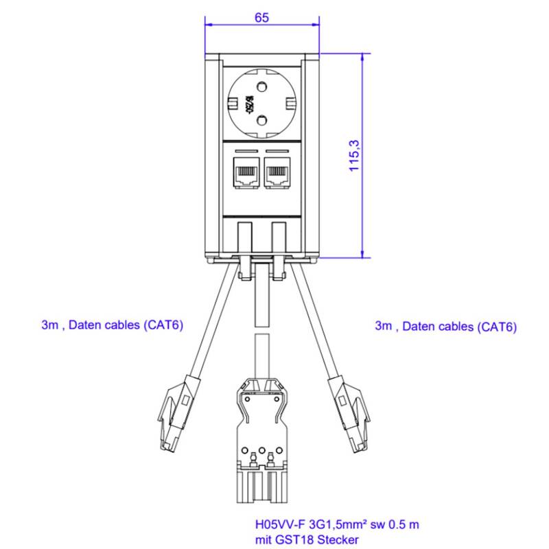 BACHMANN Steckdoseneinheit Turm CEE7/3 CAT6A Einbau schwarz 0.5m GST18 - 4057298097461