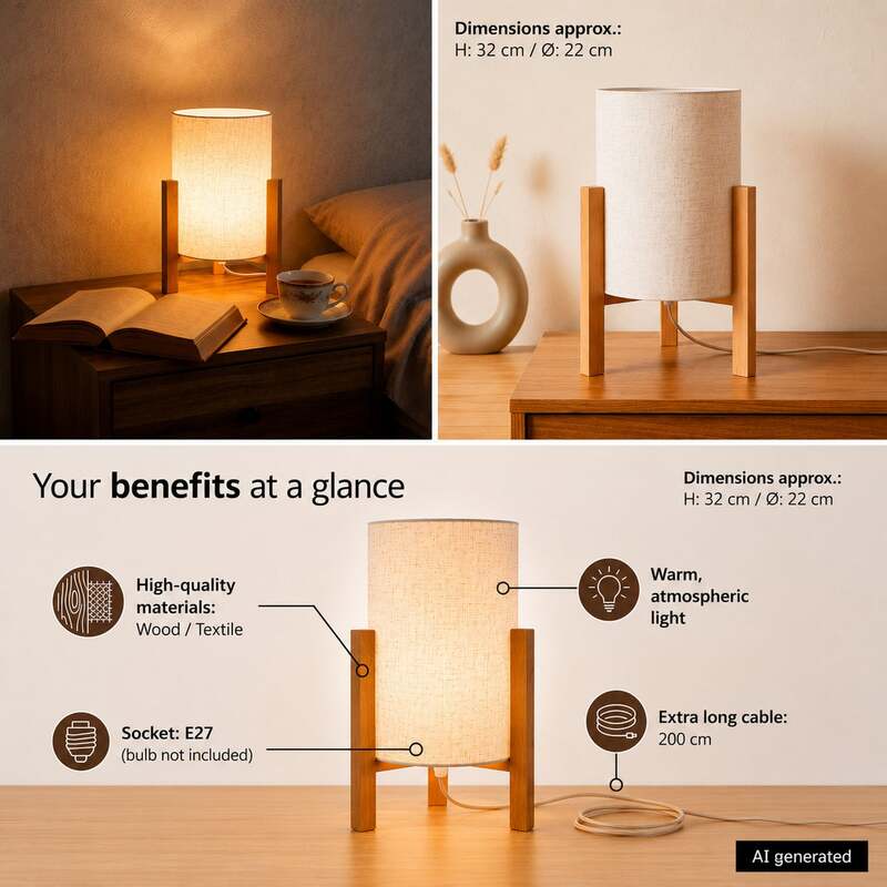 Näve Tischleuchte 3193 Tischlampe Tischlicht Leuchte Holz Leinentextil Höhe 32cm - 4003222889466