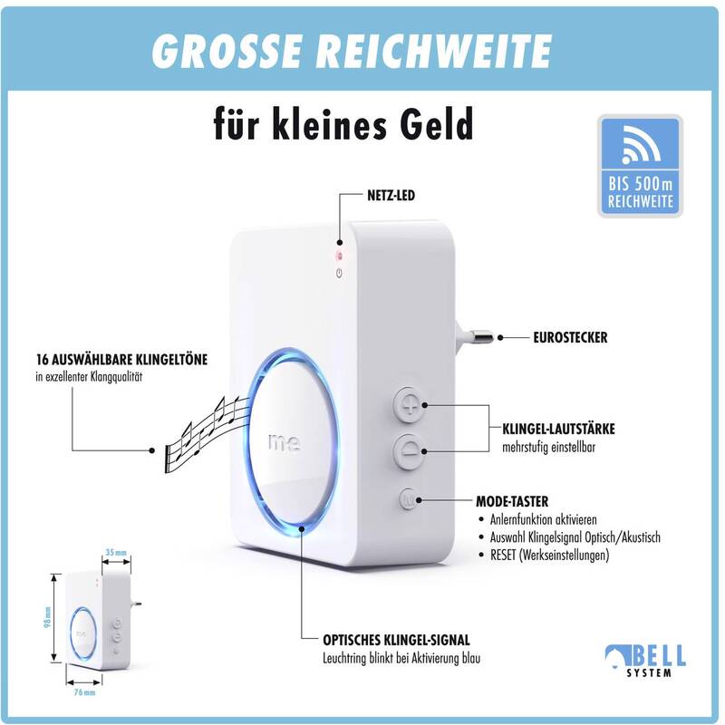 m-e Funk-Türklingel-Empfänger Bell-520 RX 500m Reichweite 16 Melodien Weiß - 4250109133420