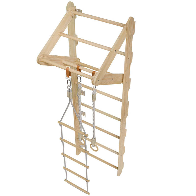 Sprossenwand für Kinder Kletterwand mit Strickleiter Turnringen Holz natur 2,1 m - 4262437183275