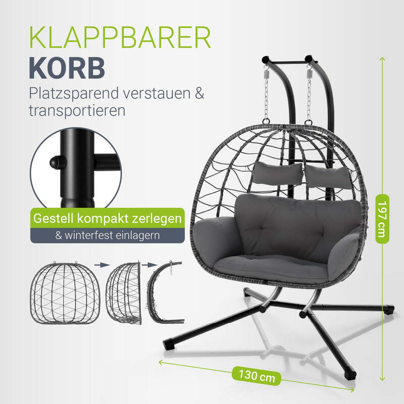 Polyrattan Doppelhängesessel Aria für 2 Personen mit Gestell und Kissen grau - 4262437181332