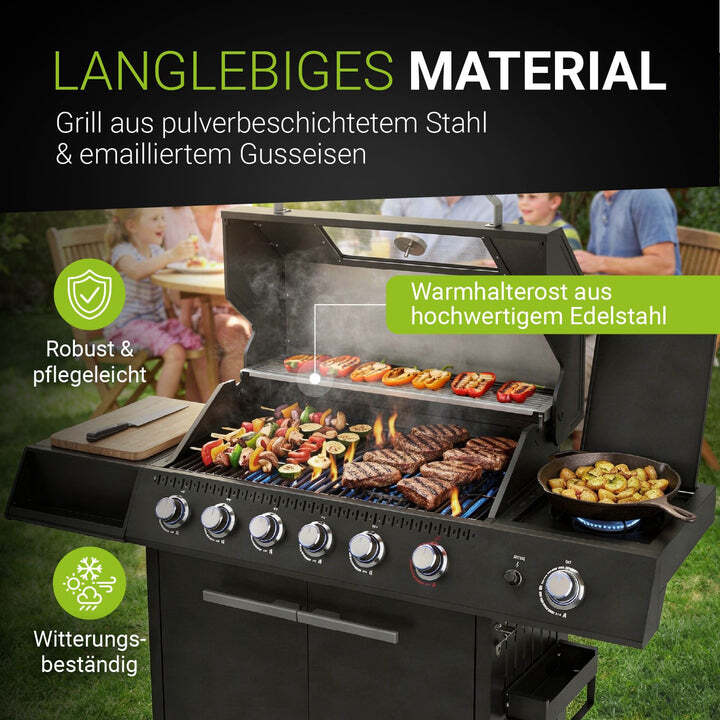 BBQ Gasgrill Tennessee 6 Brenner Edelstahlbrenner Seitenbrenner schwarz 21,5kW - 4262437186955