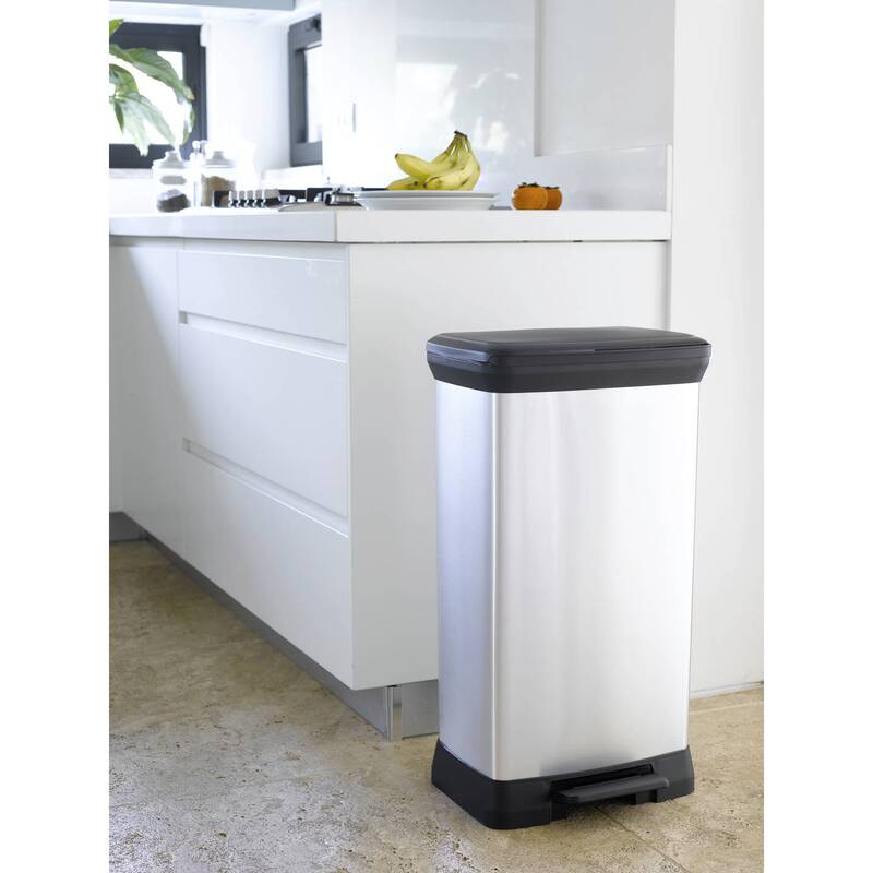 Curver Mülleimer Deco Bin Metallic 50l Abfallbehälter Silber Schwarz 390x720mm - 3253922162593