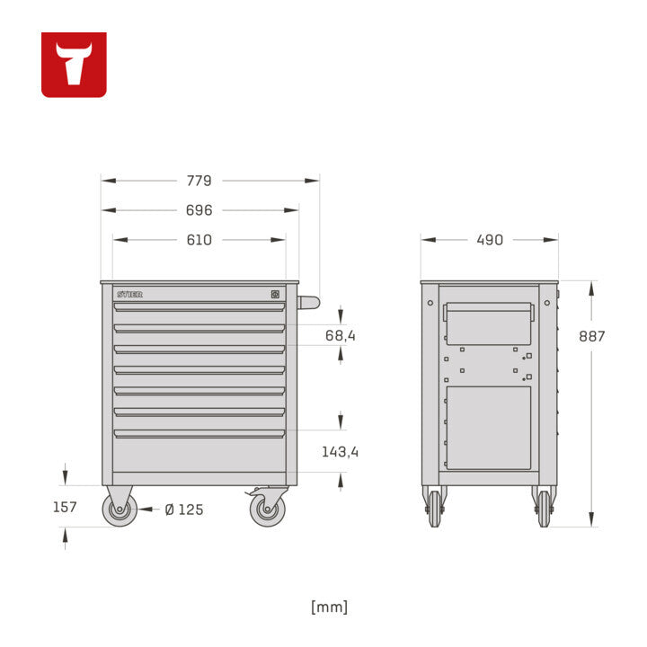 STIER Werkstattwagen leer Werkzeugwagen mit 7 Schubladen rot 884x696x490mm - 4260438995750