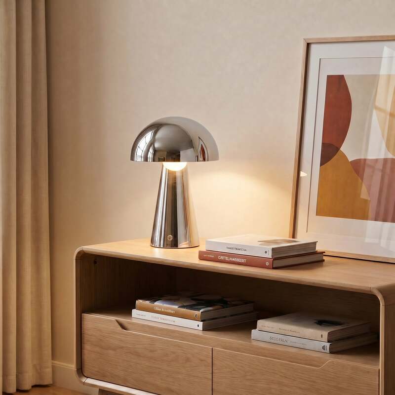 Lindby LED-Akkutischlampe Nevijo chrom Ø20cm USB dimmbar Touch-Dimmer - 4255830905575