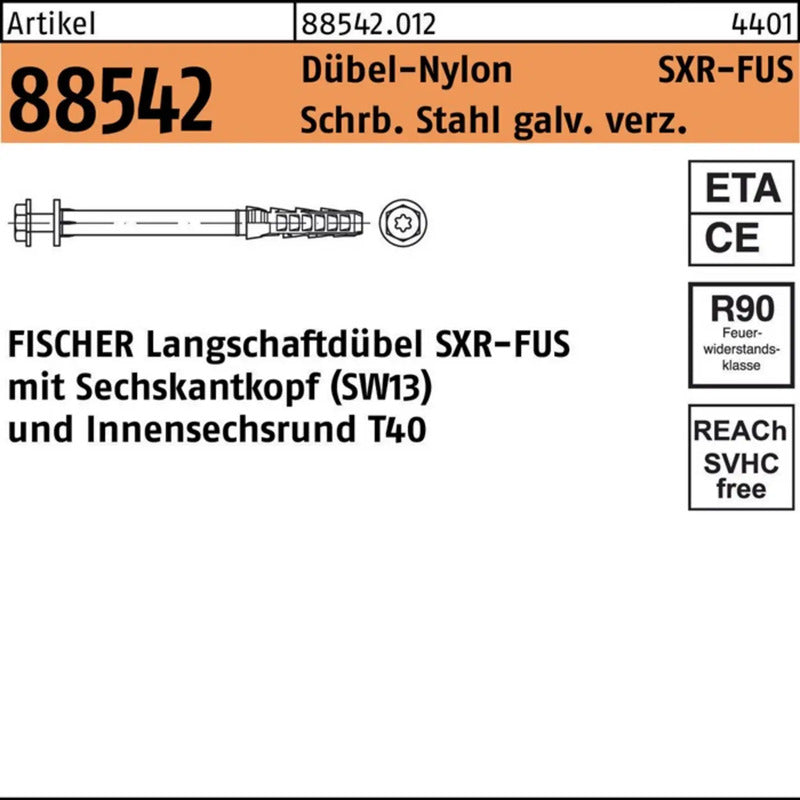 Fischer Rahmendübel Langschaftdübel SXR 10x80 FUS Schraube Nylon 50Stück Stahl - 4006209463307