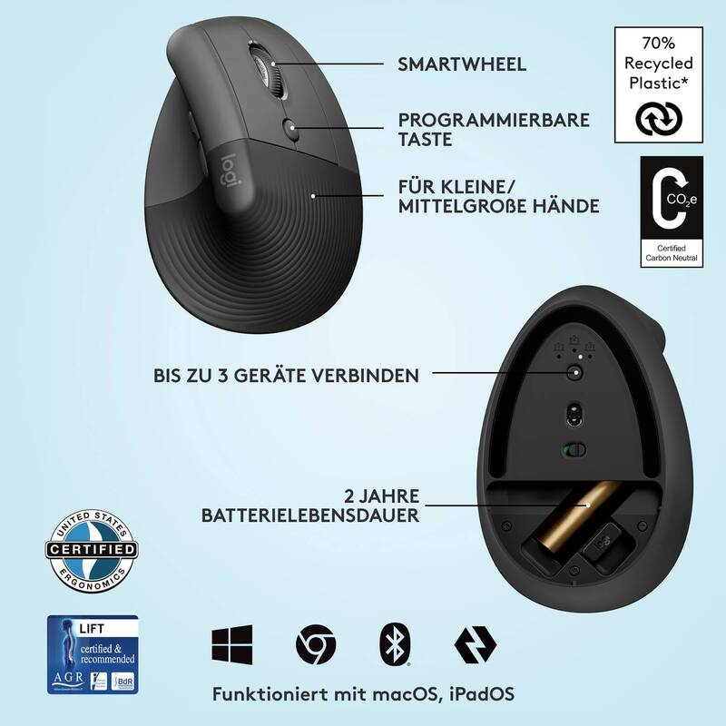 Logitech Lift Ergonomische Maus Bluetooth Funkoptisch 4000dpi Graphit 6 Tasten - 5099206099784
