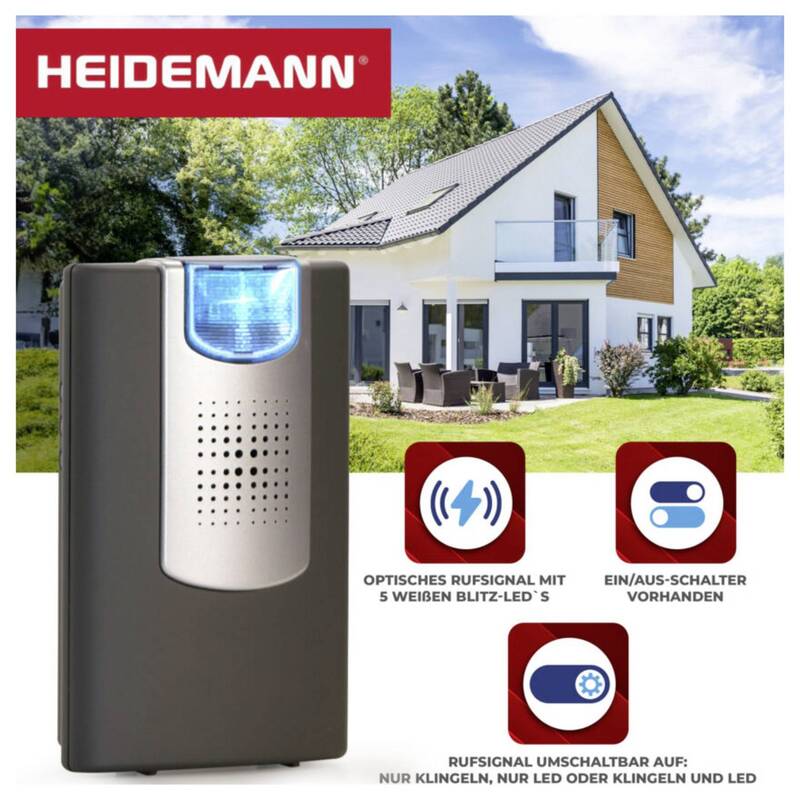 Heidemann Funkklingel Empfänger HX Flashlight 200m Reichweite 8 Melodien schwarz - 4011150708735