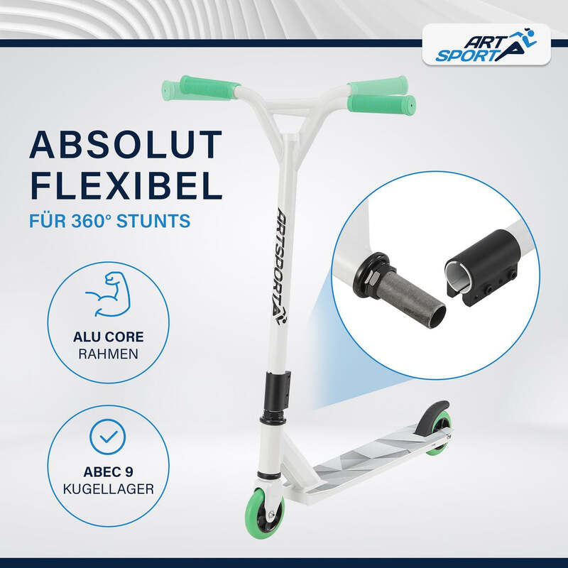Stunt Scooter für Kinder 360° Lenker 100 mm Rollen Stuntroller Tricks grün weiß - 4260565526360