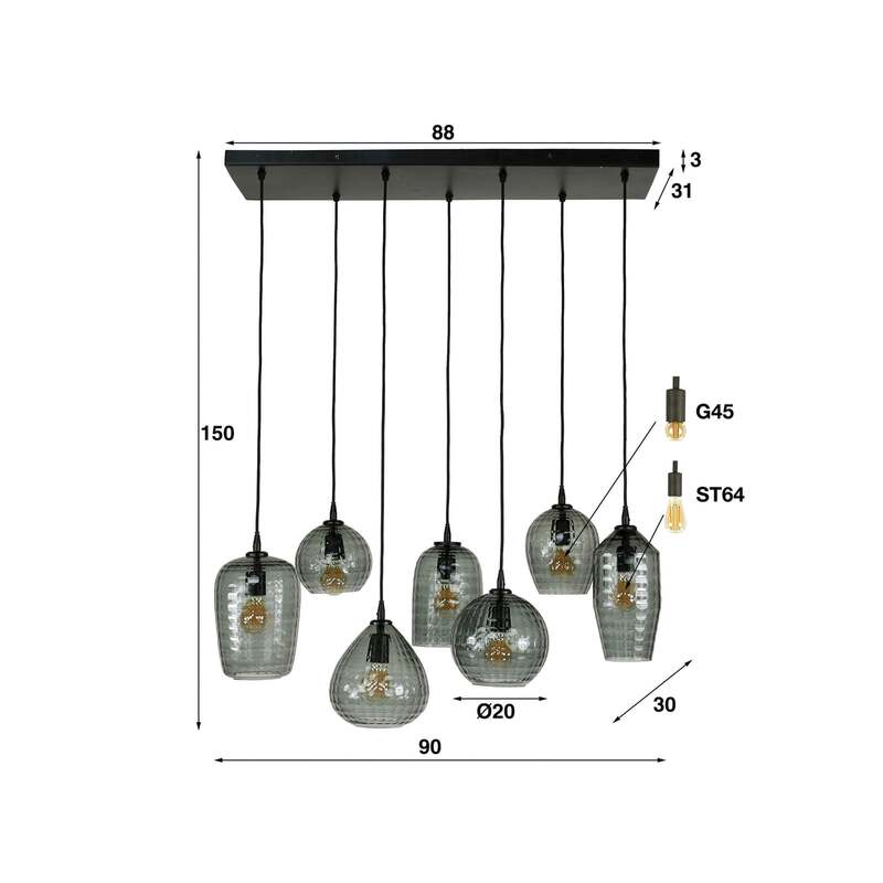 Hängeleuchte Pendelleuchte Vanderberg rauchgrau Metall Glas 7-flammig E27 LED - 8713244170805