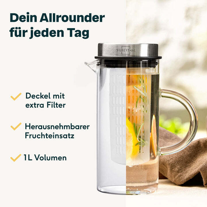 SILBERTHAL Glaskaraffe Wasserkrug Karaffe Borosilikatglas 1L mit Fruchteinsatz - 4260470461374