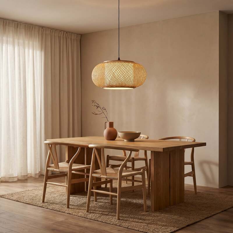 Lindby Hängeleuchte Romaine LED Pendelleuchte dimmbar natur Ø50cm Bambus schwarz - 4255830913907