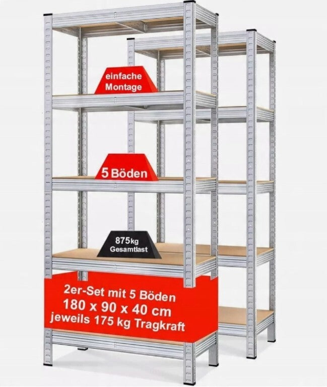 Izzy 2er-Set Regale 180x90x40 cm Metall 5 Böden Tragkraft 875 kg Werkzeuglose... - 4047385850031