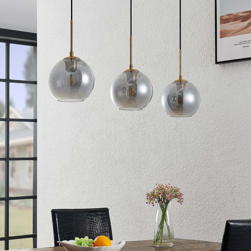 Lindby Hängeleuchte Hiwana LED Pendelleuchte dimmbar rauchgrau messing 3-flammig - 4251096598261