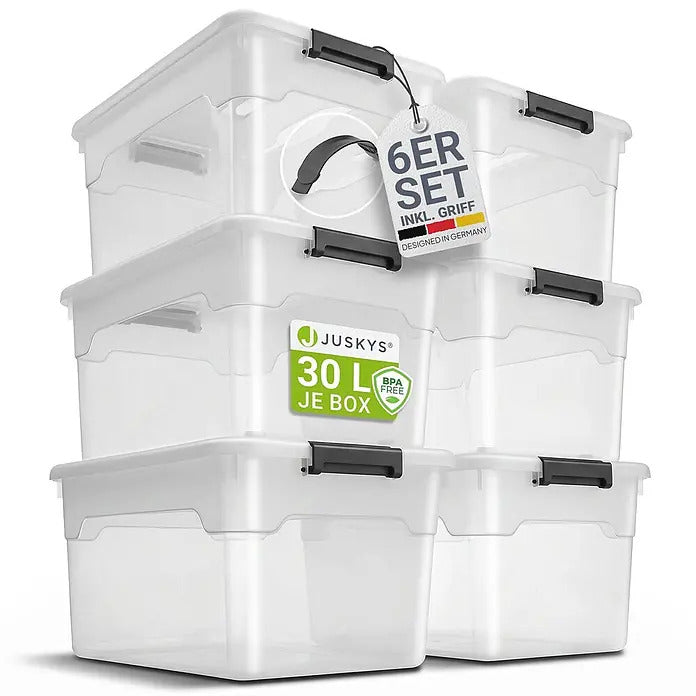 Aufbewahrungsbox Kunststoffbox 30L Set 6-teilig grau weiß semitransparent - 4260565529286