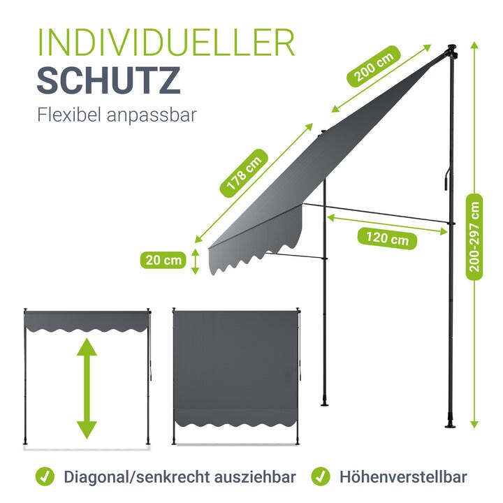 Klemmmarkise Kapstadt Sonnenschutz höhenverstellbar UV-beständig grau 200x120cm - 4262437183688