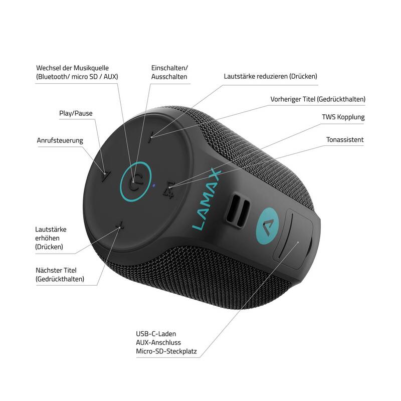 Lamax Bluetooth Lautsprecher Sounder2 Mini tragbar wasserdicht Outdoor 15W 30h - 8594175356021