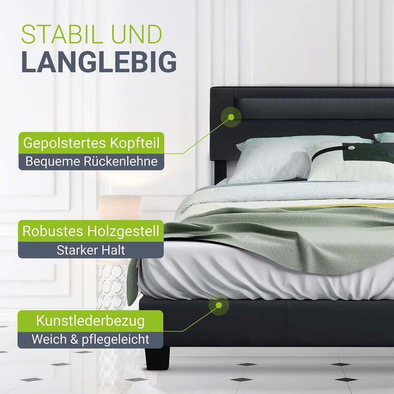 Polsterbett Paris Bettgestell 160x200mit LED-Beleuchtung und Lattenrost schwarz - 4260304762943