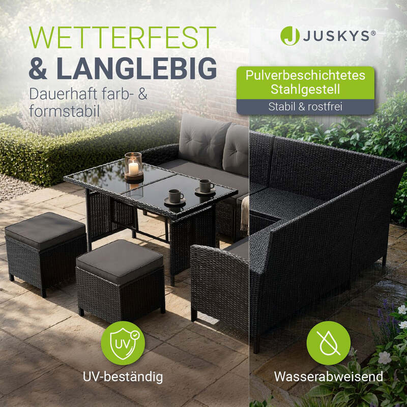 Rattan Lounge Manacor Polyrattan Gartenmöbel Set für 8 Personen Kissen schwarz - 4260565522836