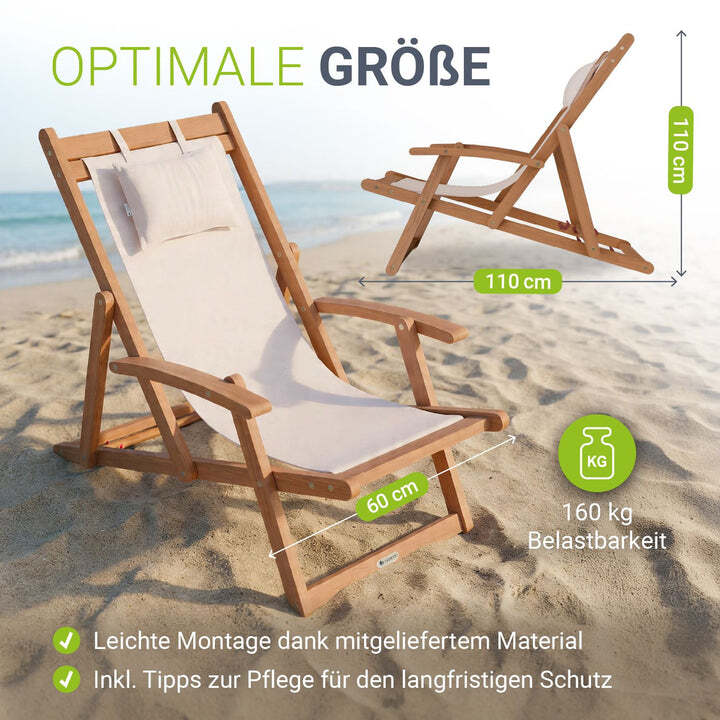 Sonnenliege klappbar Tavira Liegestuhl aus geöltem Akazienholz creme 110x60cm - 4262437187426
