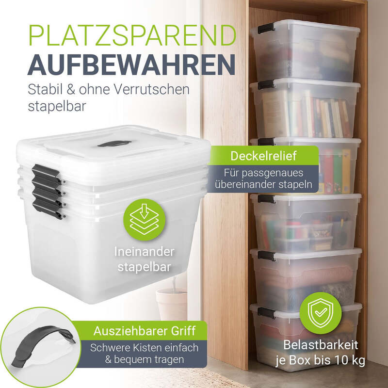 Aufbewahrungsbox Kunststoffbox mit Deckel 30L 4er Set grau weiß stapelbar - 4260565529279