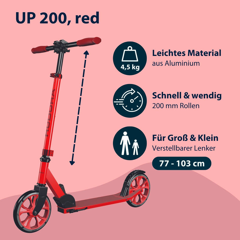 HUDORA Scooter Up 200 rot höhenverstellbar für Kinder und Erwachsene bis 100 kg - 4005998144572