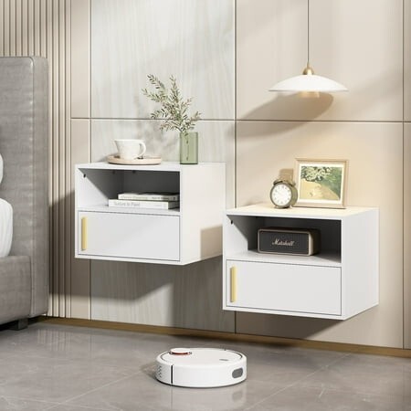 Moderne Wand-Nachttische 2er Set mit Schubladen und Stauraum in Weiß 33x42,5cm - 6974062899367