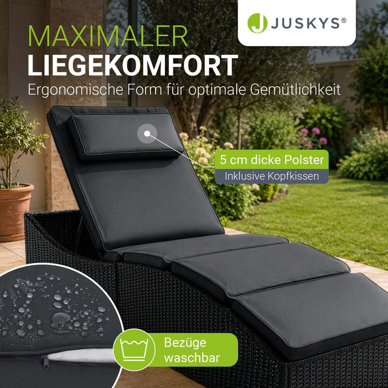 Faltbare Polyrattan Sonnenliege Lamia Relaxliege mit Kissen Schwarz Grau - 4262437181103