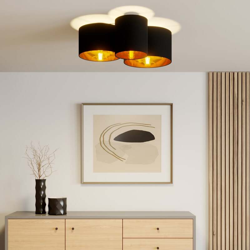 Lindby Deckenlampe Laurenz LED dimmbar 3-flg schwarz-gold Stoff Ø61cm 25,5cm - 4251096585162
