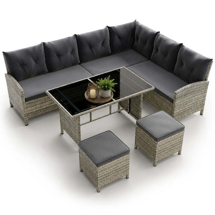 Rattan Lounge Manacor Polyrattan Gartenmöbel Set für 8 Personen mit Kissen grau - 4260565525608