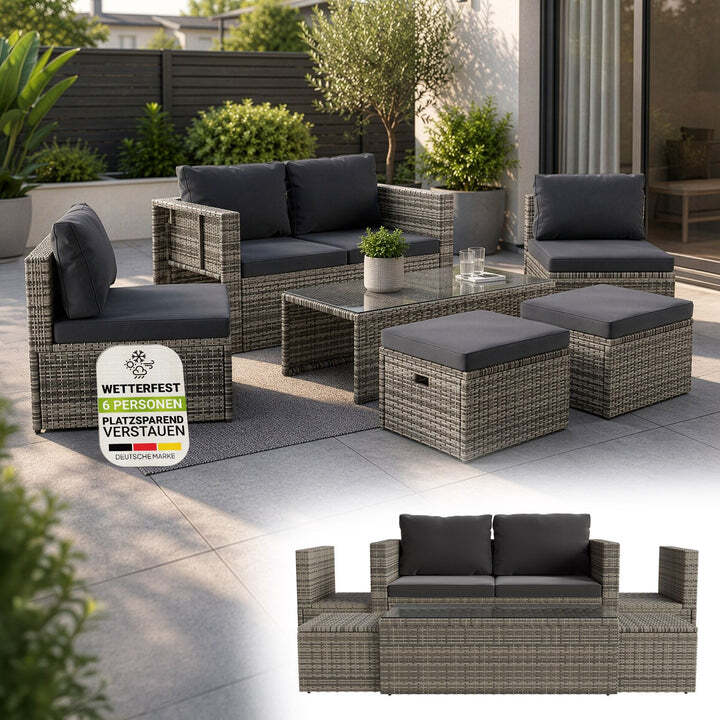 Polyrattan Lounge Salou Gartenmöbel Set für 6 Personen wetterfest Polster grau - 4262437180274