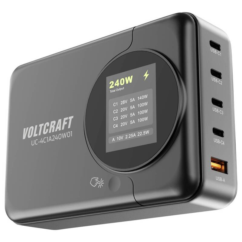 VOLTCRAFT UC-4C1A240W01 USB Ladegerät 240W 4x USB-C 1x USB-A Schwarz GaN - 4064161472294