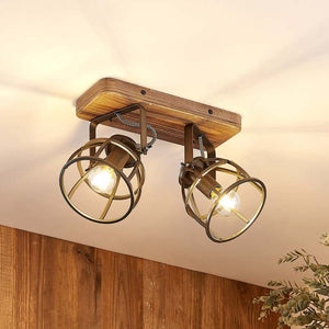 B-Ware Lindby Deckenstrahler Rutger LED Strahler Holz dimmbar schwarz 2-flammig 36cm