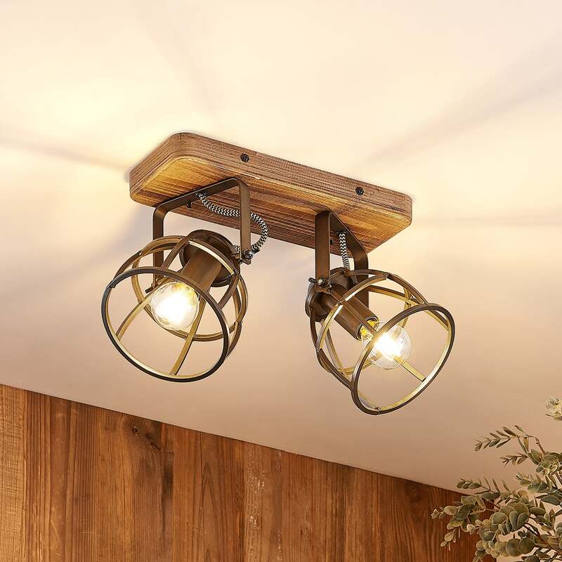 Lindby Deckenstrahler Rutger LED Strahler Holz dimmbar schwarz 2-flammig 36cm - 4251096596076