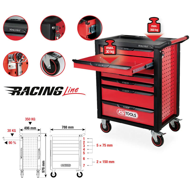 KS Tools Werkstattwagen Stahlblech 7 Schubladen schwarz rot 350kg Traglast - 4042146683019