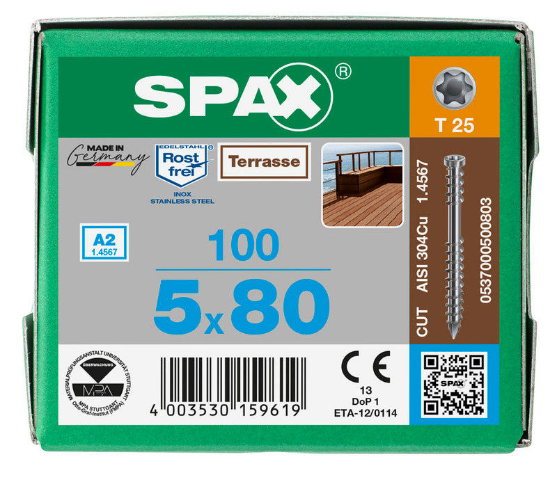 SPAX Holzschraube Zylinderkopf T-STAR plus Edelstahl A2 5mm 80mm 100 Stück - 4003530159619