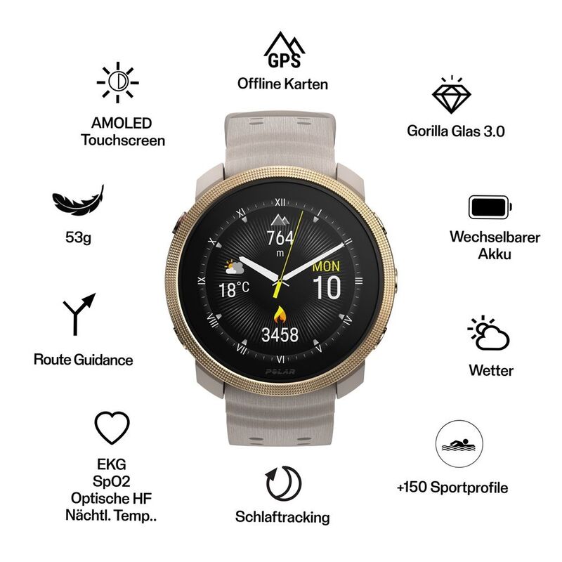 Polar Uhr Smartwatch Vantage M3 GPS Gold Greige Sportuhr Fitness Größe S M L - 0725882066752