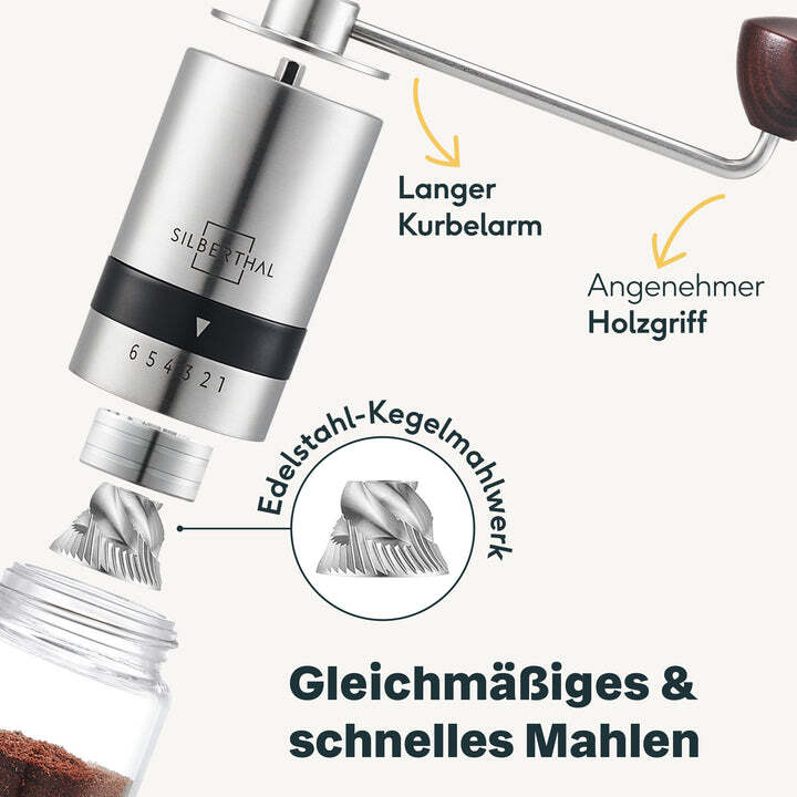 SILBERTHAL Kaffeemühle Handmühle Kaffeebereiter Edelstahl Glas Kegelmahlwerk - 4260470462173