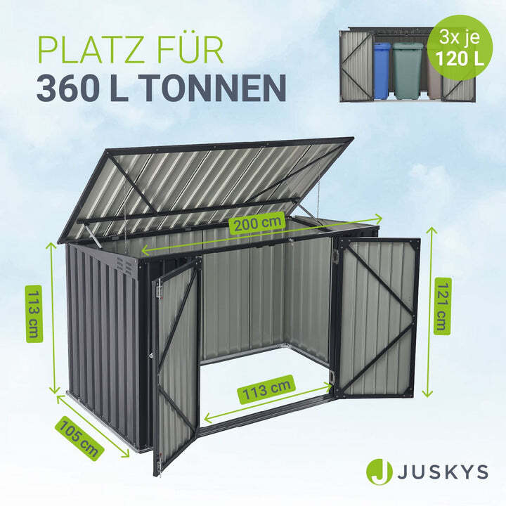 Mülltonnenbox Namur 1,9m² Abfalltonnenverkleidung Metall grau große Türen 128cm - 4260565523420