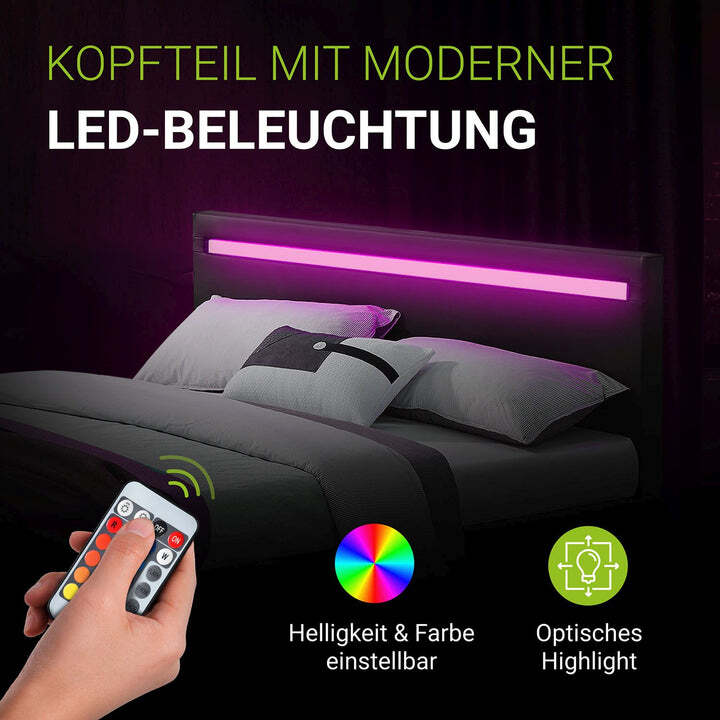 Polsterbett Paris Bettgestell 160x200mit LED-Beleuchtung und Lattenrost schwarz - 4260304762943