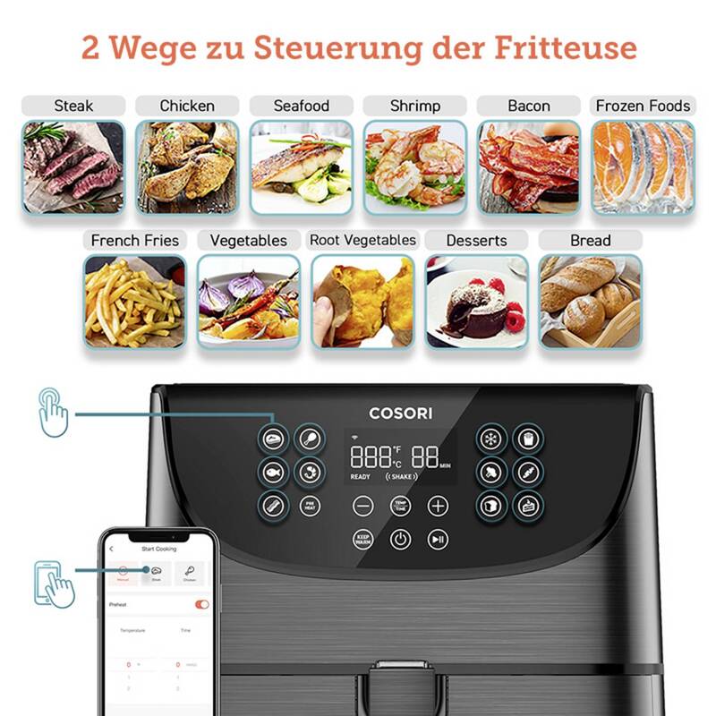 Cosori Heißluft-Fritteuse Airfryer App steuerbar Schwarz Smart Touchdisplay 5,5L - 0810043370066