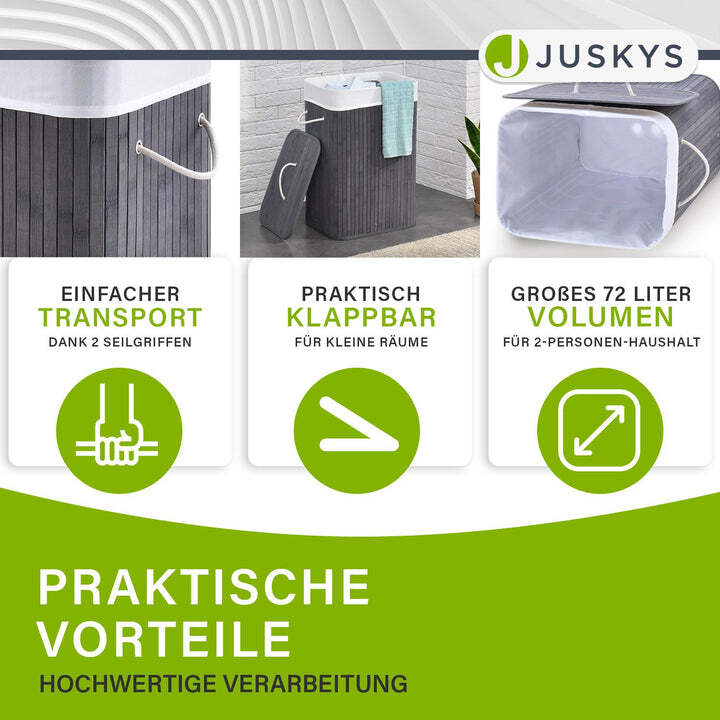 Bambus Wäschekorb Curly mit Deckel Tragegriff Wäschesack 72l grau 40x30x60cm - 4260565524410