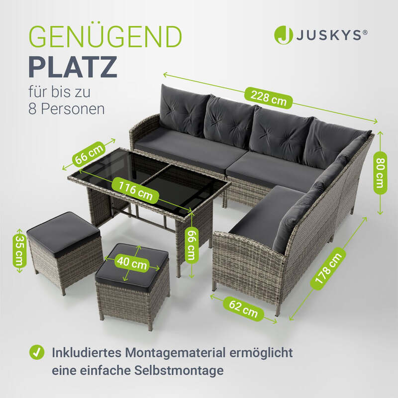 Rattan Lounge Manacor Polyrattan Gartenmöbel Set für 8 Personen mit Kissen grau - 4260565525608