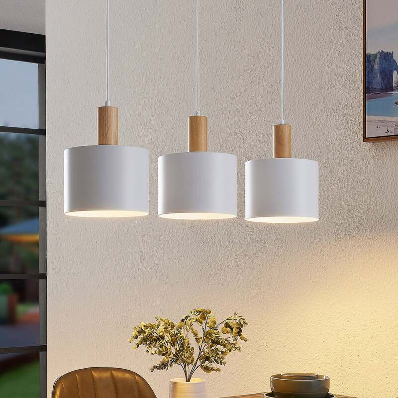Lindby Hängeleuchte Kadir LED Pendelleuchte dimmbar Holz 3-flammig weiß 73 cm - 4251096592054