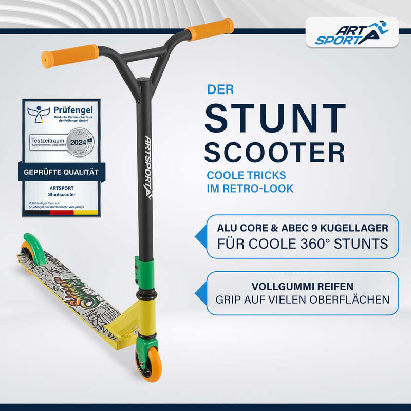 Stunt Scooter Kinder 360° Lenker Roller 100 mm Rollen Skatepark Grün Orange - 4260565526384