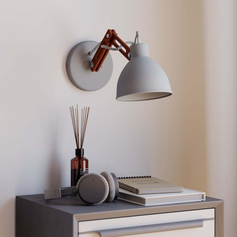 Wandlampe Skansen Holzarm dimmbar grau Leuchte aus Holz und Metall 25cm hoch - 5907687434621