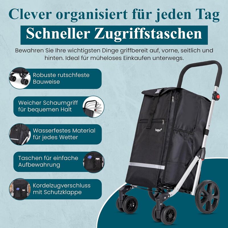 Hoppa Einkaufstrolley Einkaufswagen Trolley Schwarz Faltbar 74L 6 Räder 5 Tasche - 5038230168479
